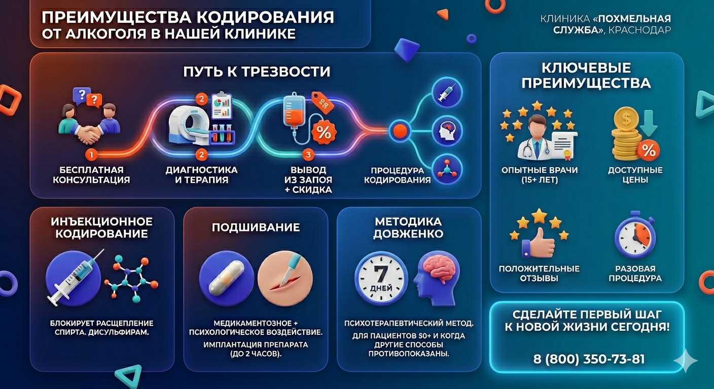 Инфографика о методах кодирования от алкоголя в Яйве: инъекции, подшивание, метод Довженко. Преимущества клиники и этапы лечения.